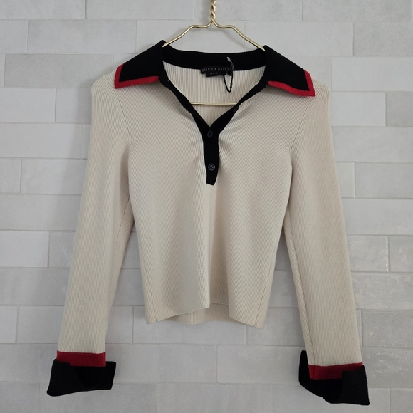 Alice + Olivia Pia Ribbed Polo Shirt Wool-Blend Colorblock Collar Sweater Knit S - Picture 2 of 9